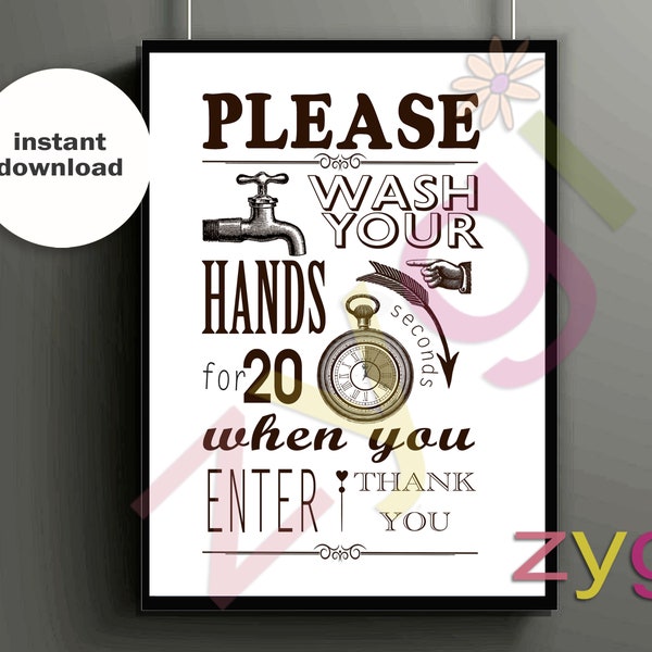 Wash your hands  Printable poster- Wash your hands - Vintage style- Printable- you print- INSTANT DOWNLOAD