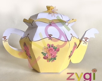 Tea Pot Favor Gift Box avec couvercle Teapot PDF template, Tea Party centerpiece, Alice in Wonderland, Favour, wedding decor- Imprimable- vous imprimez