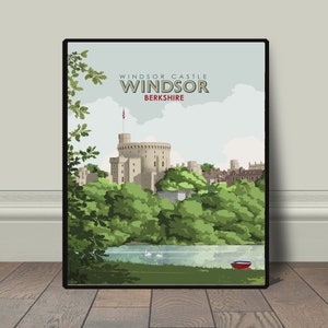 May include: A vintage travel poster illustration of Windsor Castle in Berkshire, England. The poster features a view of the castle from across a river with a red boat and two white swans in the water. The text on the poster reads "Windsor Castle, Windsor, Berkshire."