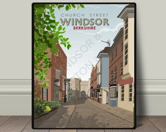 Church Street Windsor print royal Windsor art print wall decor, vintage retro travel railway advert poster modern travel art print