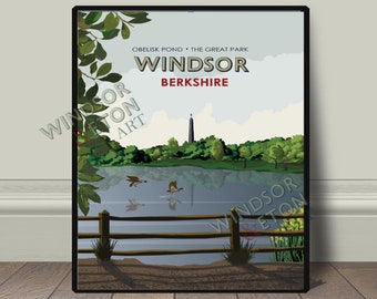 The Great Park Royal Windsor Obelisk pond art print wall decor, vintage retro travel railway advert poster, modern travel art print