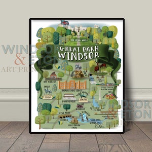 Windsor Gran parque collage mapa imprimir monumentos icónicos real Windsor arte impresión decoración de la pared, cartel de ferrocarril de viaje retro vintage, impresión moderna