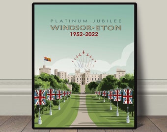 Royal Platinum Queens Jubilee Windsor castle print The Long Walk Windsor art print wall decor, vintage retro travel railway advert poster