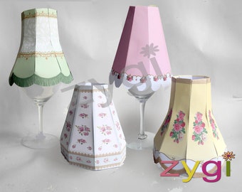 Wine glass lamp shades- 5 designs- Large- Vintage Shabby Chic Tea Party Decor Kit- Printable- you print- INSTANT DOWNLOAD