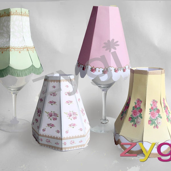 Wine glass lamp shades- 5 designs- Large- Vintage Shabby Chic Tea Party Decor Kit- Printable- you print- INSTANT DOWNLOAD
