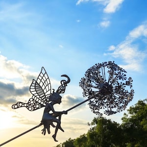 Whimsical 3D Metal Fairy Dancing on Dandelion – Handmade Wire Sculpture for Garden & Home | Magical Outdoor Fairy Art Decor