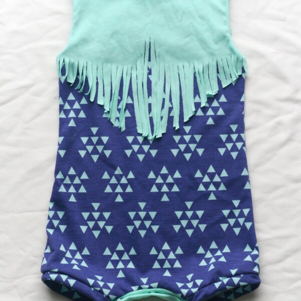 Hipster Baby Clothes - Fringe Romper - Baby and Toddler sizes - Jumpsuit - Dark blue and light blue triangles arrows - Cotton Jersey