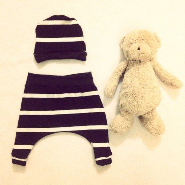 Gift Set - Matching Hat and Harem Pants - Black and White Stripes - Gender Neutral / Boy - Cotton Jersey Knit very soft- Fall Winter