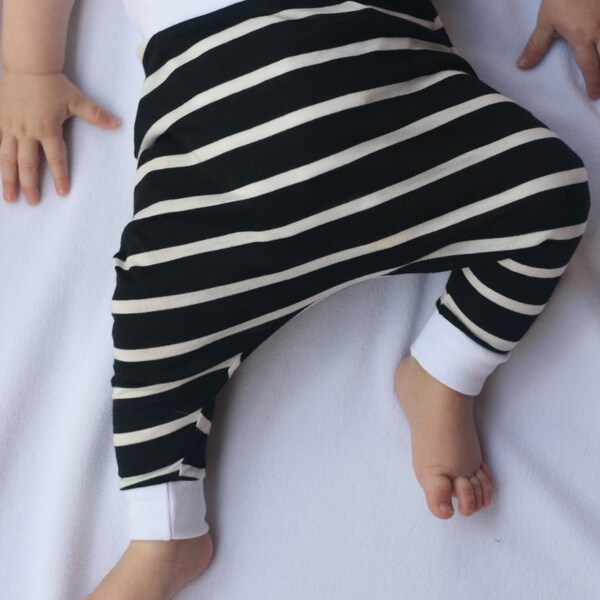 Toddler Baby Harem Pants with matching bib or hat - Black and White stripes - Cotton Jersey Knit