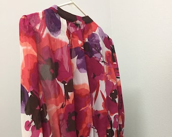 Beautiful ANA blouse in  a sheer floral  fabric with a solid purple under slip,  Size L