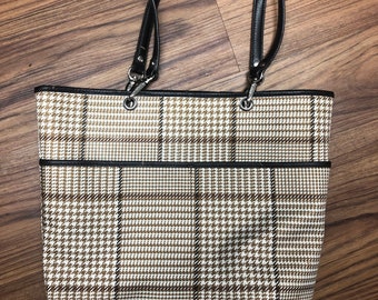 Lauren Ralph Lauren Vintage Tan Brown Houndstooth Plaid Large Purse  Shoulder Bag