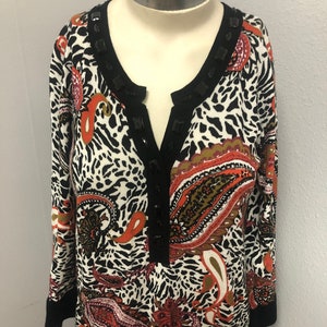 Paisley pattern rayon nylon blouse unique vintage blouse with faux crystal accents