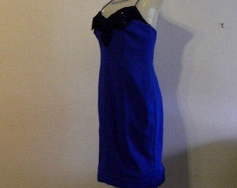 60s Vibrant Blue Cocktail Party Dress with black beading union made  sz9-10