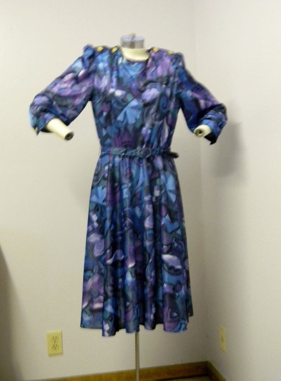 80s Whirlaway Swing Dress Floral Blue Tones belted