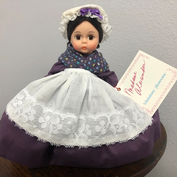 Marme model 409 collectible doll by Madame Alexander 7 1/2" tall in purple and white lacey Victorian dress excellent condition