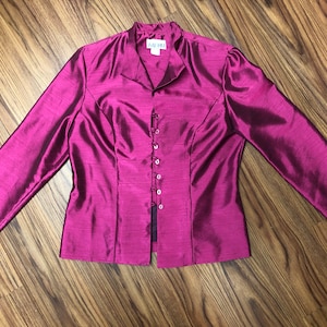 Pant Suit made by MENU solid color cranberry shimmering color blend nylon and poly satin styled like silk or linen sizes 10 and 14