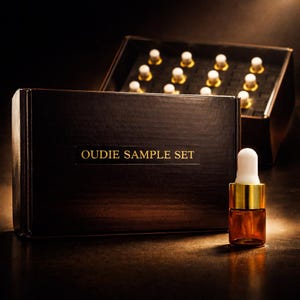 May include: A dark brown box set labelled "OUDIE SAMPLE SET" with a small amber glass bottle with a white dropper and gold accents. The box is open, revealing multiple samples with white tops and gold bases. The set is displayed on a dark surface.