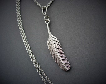 Silver feather pendant and chain