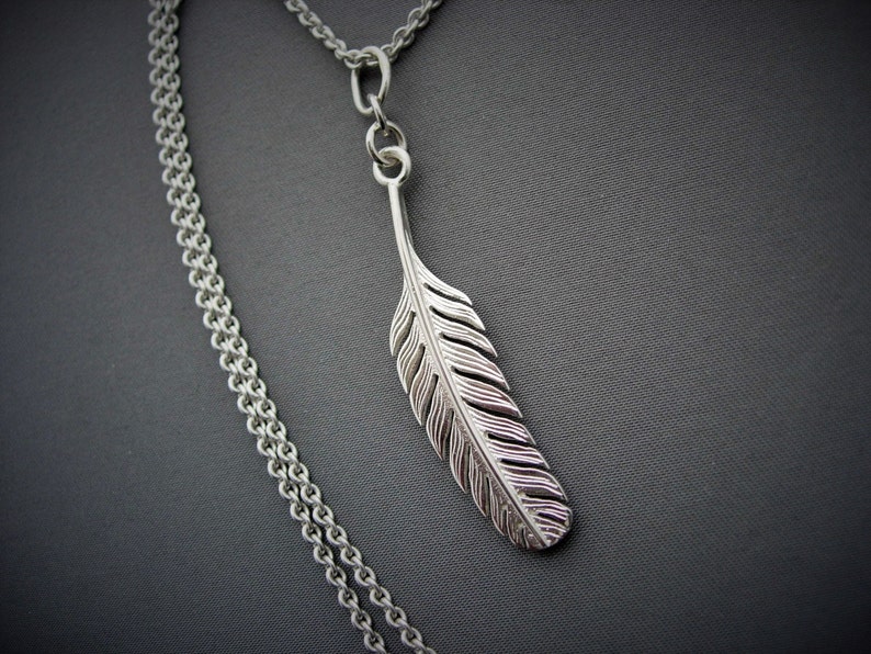 Silver feather pendant and chain image 1