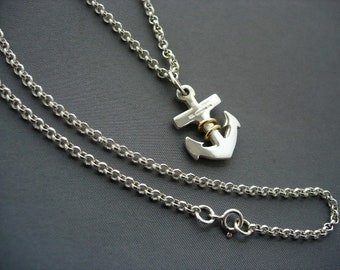 Silver and 9ct gold anchor pendant with chain