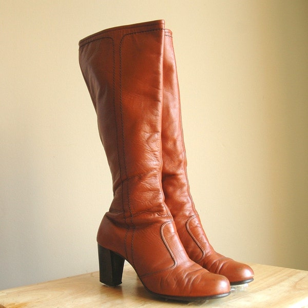 Vintage Boots, size 6.5, 1970s Rust Leather heeled