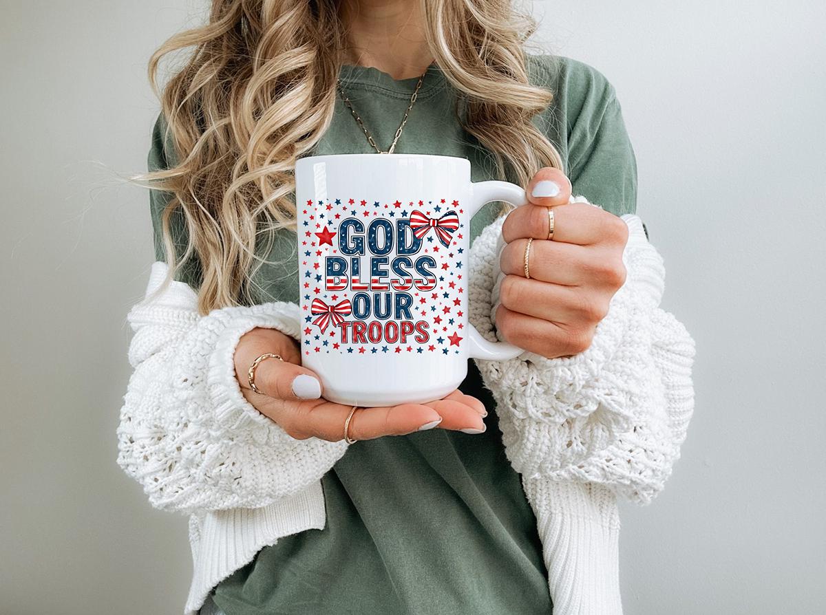 God Bless Our Troops 15oz Patriotic Ceramic Coffee Mug, Army, Military, Navy, Marine, Thank you for your service, Prayer, God Bless, War