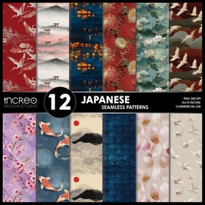 Könnte beinhalten: Eine Sammlung von 12 japanischen nahtlosen Mustern. Die Muster zeigen Kraniche, Landschaften, Koi-Fische, Kirschblüten und andere traditionelle japanische Motive. Die Farbpalette umfasst Rot-, Blau- und Neutraltöne. Der Text auf dem Bild lautet "12 Japanese Seamless Patterns".