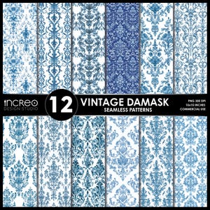 Może przedstawiać: Zestaw 12 bezszwowych wzorów w stylu vintage damask w odcieniach niebieskiego i białego. Wzory przedstawiają bogate wzory kwiatowe i zwoje. Obraz zawiera tekst "VINTAGE DAMASK SEAMLESS PATTERNS" i "PNG 300 DPI 38x38 cm UŻYTKU KOMERCYJNEGO".