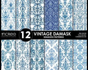 Blue Damask Digital Paper: Vintage Scrapbook Patterns (PNG, Instant Download)