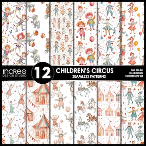 Peut inclure: Douze motifs sans couture sur le thème du cirque pour enfants. Les motifs présentent des clowns, des chapiteaux, des éléphants, des ours et des acrobates dans un style aquarelle. Le texte "CHILDREN'S CIRCUS SEAMLESS PATTERNS" et "38x38 cm" est inclus.