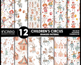 Circus Seamless Patterns: Kids Nursery Digital Paper (12 PNG, 300 DPI) Commercial Use