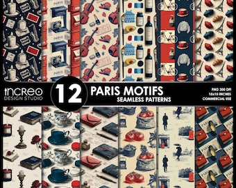 Paris Print Seamless Patterns Pack (12 PNG) – Paris Digital Paper, Vintage Paris Junk Journal Kit, Eiffel Tower Scrapbook Backgrounds