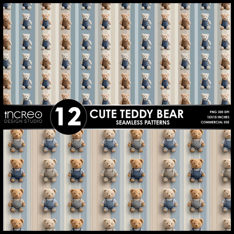 Cute Teddy Bear Seamless Patterns, Nursery Digital Paper Pack, Baby ...