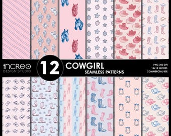 Cowgirl Seamless Patterns Bundle: Western Wallpaper Digital Paper, Cowboy Art, Commercial Use, 12 PNGs