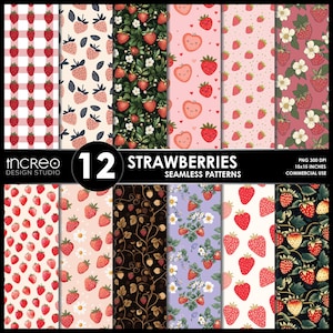 Strawberries Seamless Patterns – 12 PNG Designs, Strawberry Clipart for Wallpaper & Print, Strawberry Digital Paper for Scrapbooks