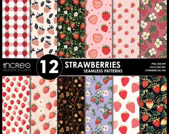 Strawberry Seamless Patterns: Botanical & Kawaii Clipart (Digital Download)
