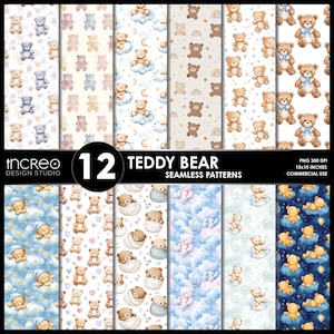Puede incluir: Una colección de 12 patrones sin costuras de osos de peluche en varios colores, incluyendo azul, rosa y marrón. Los patrones presentan osos de peluche en nubes, con lunas y en entornos acogedores. El texto dice "TEDDY BEAR SEAMLESS PATTERNS".