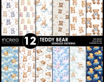 Teddy Bear Seamless Pattern Bundle: Watercolor Nursery Decor (Digital Download)