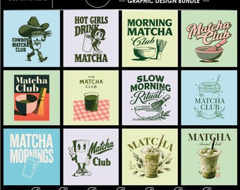 Matcha Clipart, 12 Retro Matcha Club PNG Graphics for Tshirt Design, Commercial Use