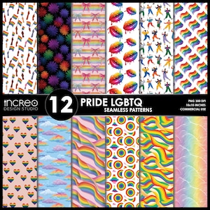 Puede incluir: Una colección de 12 patrones sin costuras Pride LGBTQ. Los patrones presentan varios diseños, incluyendo banderas arcoíris, labios, personas, corazones, lazos y formas abstractas. La imagen incluye el texto "PRIDE LGBTQ SEAMLESS PATTERNS".