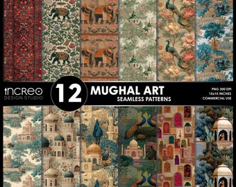 Motivi artistici indiani senza soluzione di continuità, carta da parati Mughal, carta digitale per arte murale islamica, Paisley senza soluzione di continuità PNG, arte Boho, uso commerciale