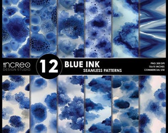 Blue Ink Watercolor Seamless Patterns, Abstract Marble Art (Digital Download PNGs)