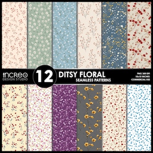 May include: A collection of 12 ditsy floral seamless patterns in various colors, including red, blue, yellow, and purple. The patterns feature small flower and leaf designs. The image includes the text "Ditsy Floral Seamless Patterns" and "15x15 inches".