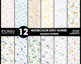 Watercolor Ditsy Floral Pattern Pack, Pastel Spring Wildflower Digital Paper, Seamless Floral Print Backgrounds