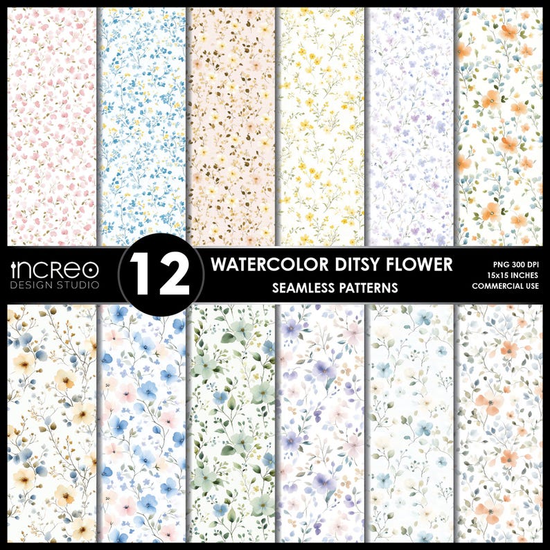 Watercolor Ditsy Floral Pattern Pack, Pastel Spring Wildflower Digital ...