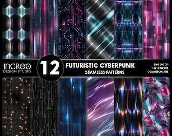 Futuristic Cyberpunk Seamless Patterns Pack, Neon Abstract Digital Paper (12 PNG Files)