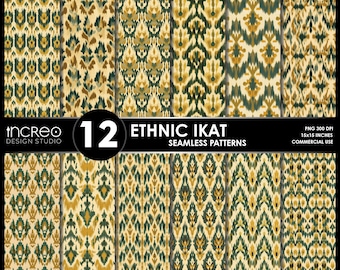 Ethnic Ikat Seamless Pattern Pack: 12 Tribal Boho Digital Papers (Instant Download)