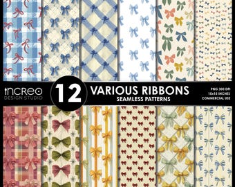 Bow Seamless Patterns, Seamless Bow Pattern PNG, Ribbon Digital Paper Pack, Dollhouse Wallpaper, Tumbler Wrap PNG
