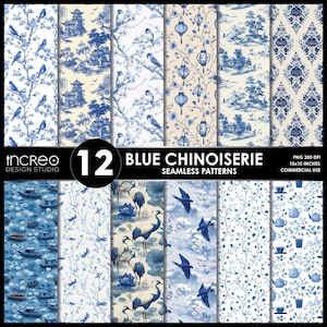 Blue Chinoiserie Seamless Patterns – 12 Vintage Blue & White Toile de Jouy Digital Papers, Chinoiserie Clipart