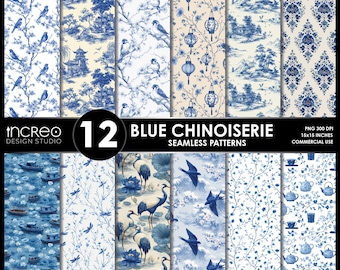 Blue Chinoiserie Seamless Patterns: Vintage Toile Digital Papers (PNG)